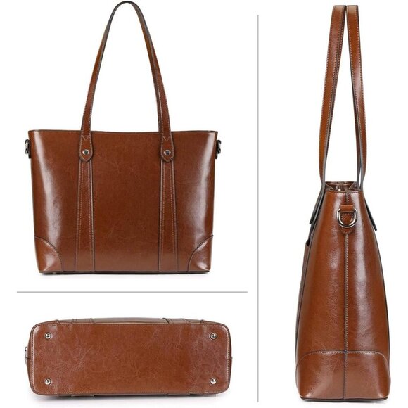 S-ZONE Leather Tote Bag for Women, 15.6" Work Laptop Shoulder Handbag - Picture 7 of 7